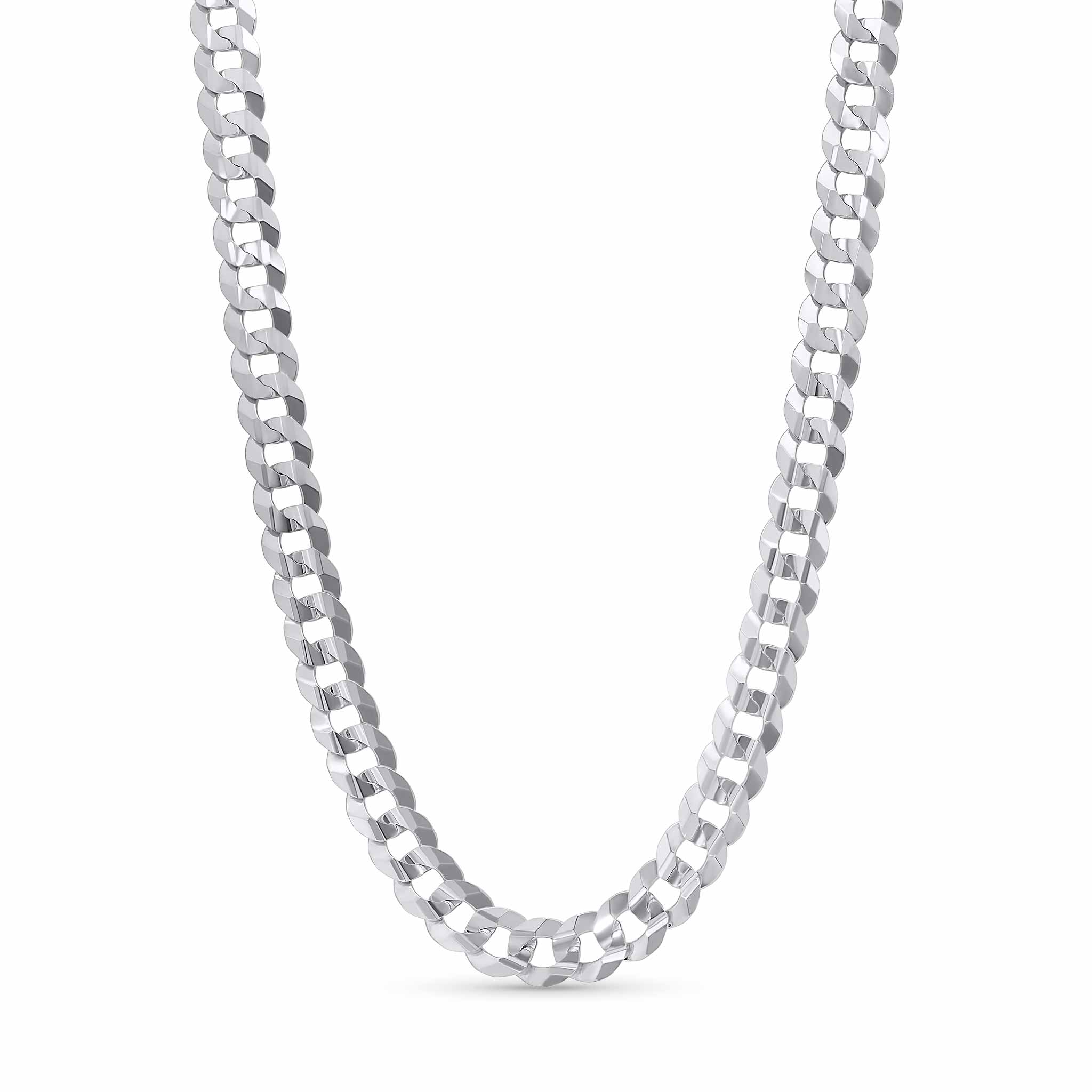 Men's Solid Gold Curb Chain in polished white gold, showcasing interlocking, flattened links for a sleek look.