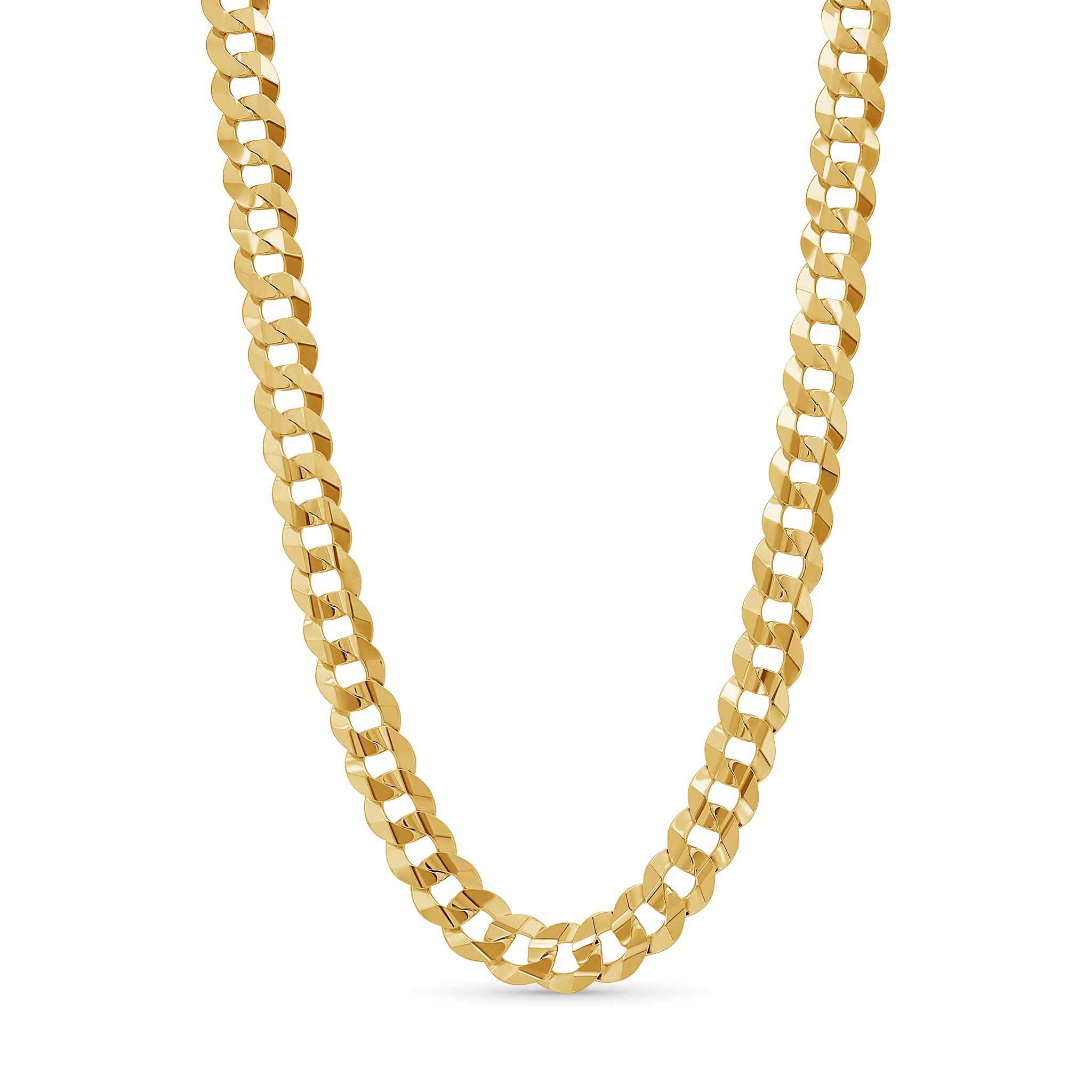 Men's solid gold curb chain necklace in yellow gold, showcasing interlocking flattened links for strength and style.