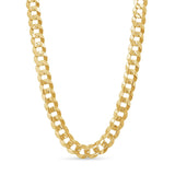 Men's solid gold curb chain necklace with interlocking, flattened links in yellow gold, reflecting light beautifully.