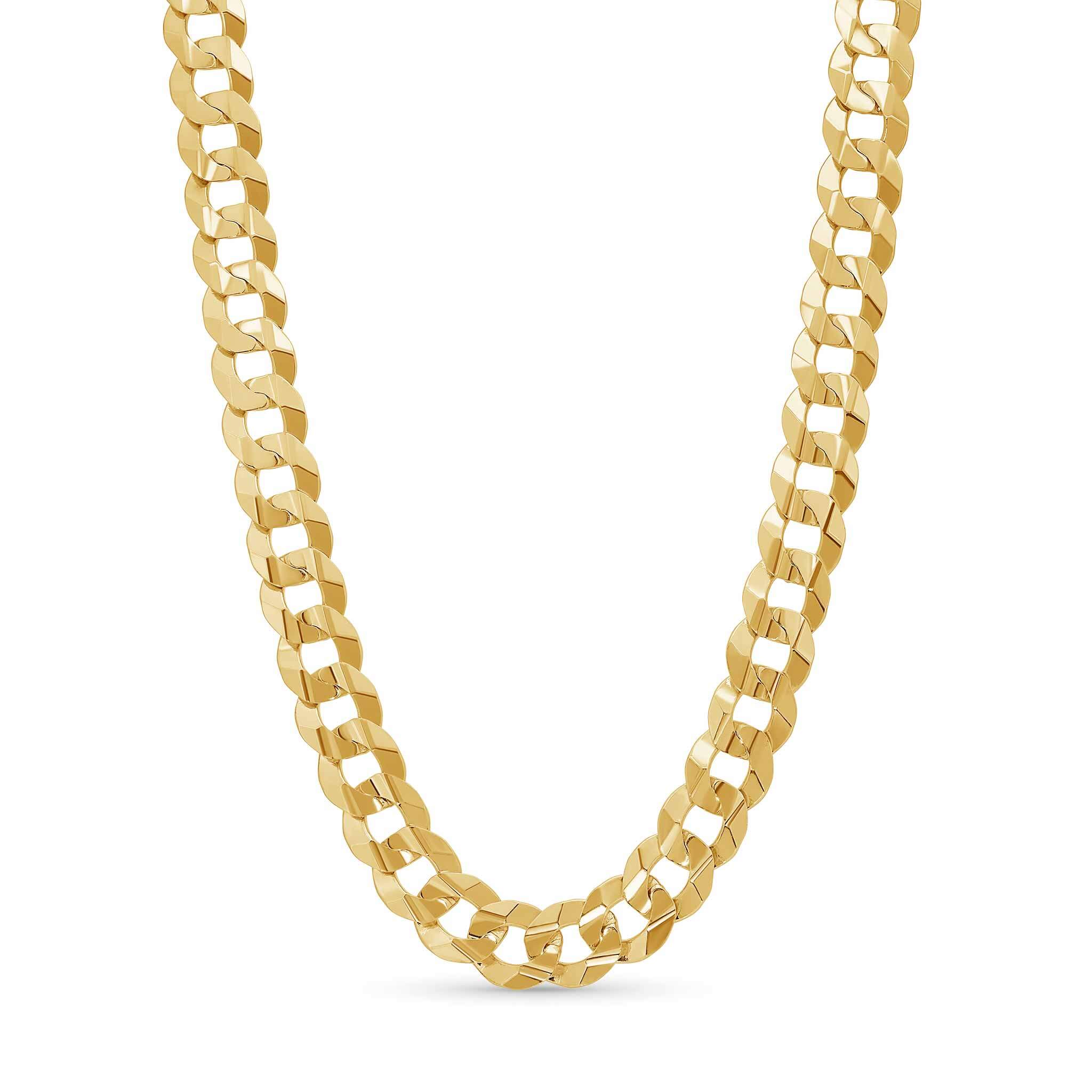 Men's solid gold curb chain necklace with interlocking, flattened links in yellow gold, reflecting light beautifully.