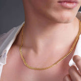 Men's solid gold curb chain necklace worn by a man, showcasing the elegant interlocking links and shine.