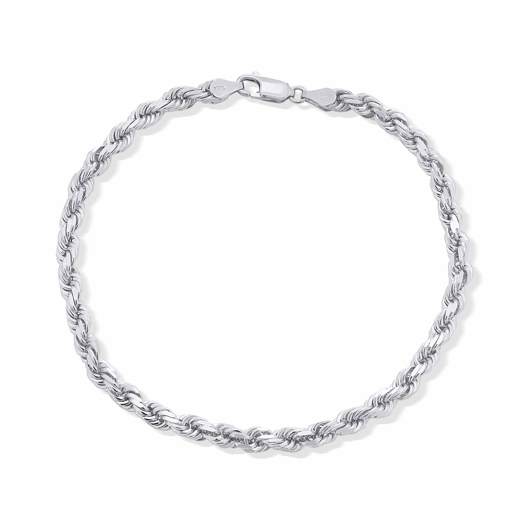 Silver rope chain bracelet on a white background