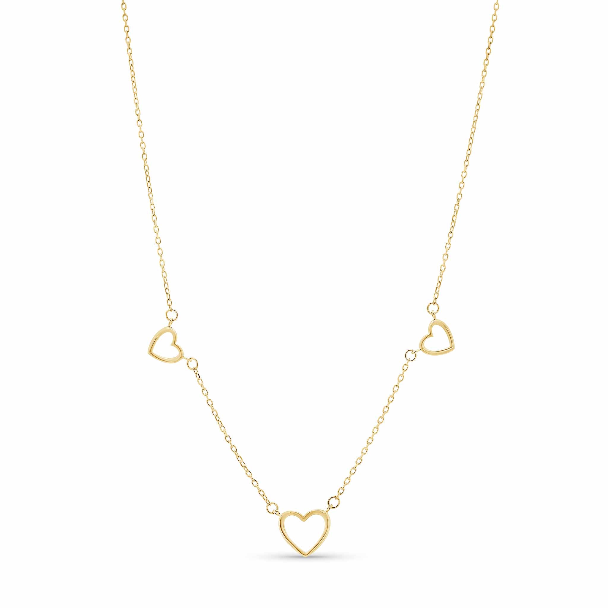 14k Gold Triple Heart Station Necklace on a fine chain featuring three heart stations for everyday wear.