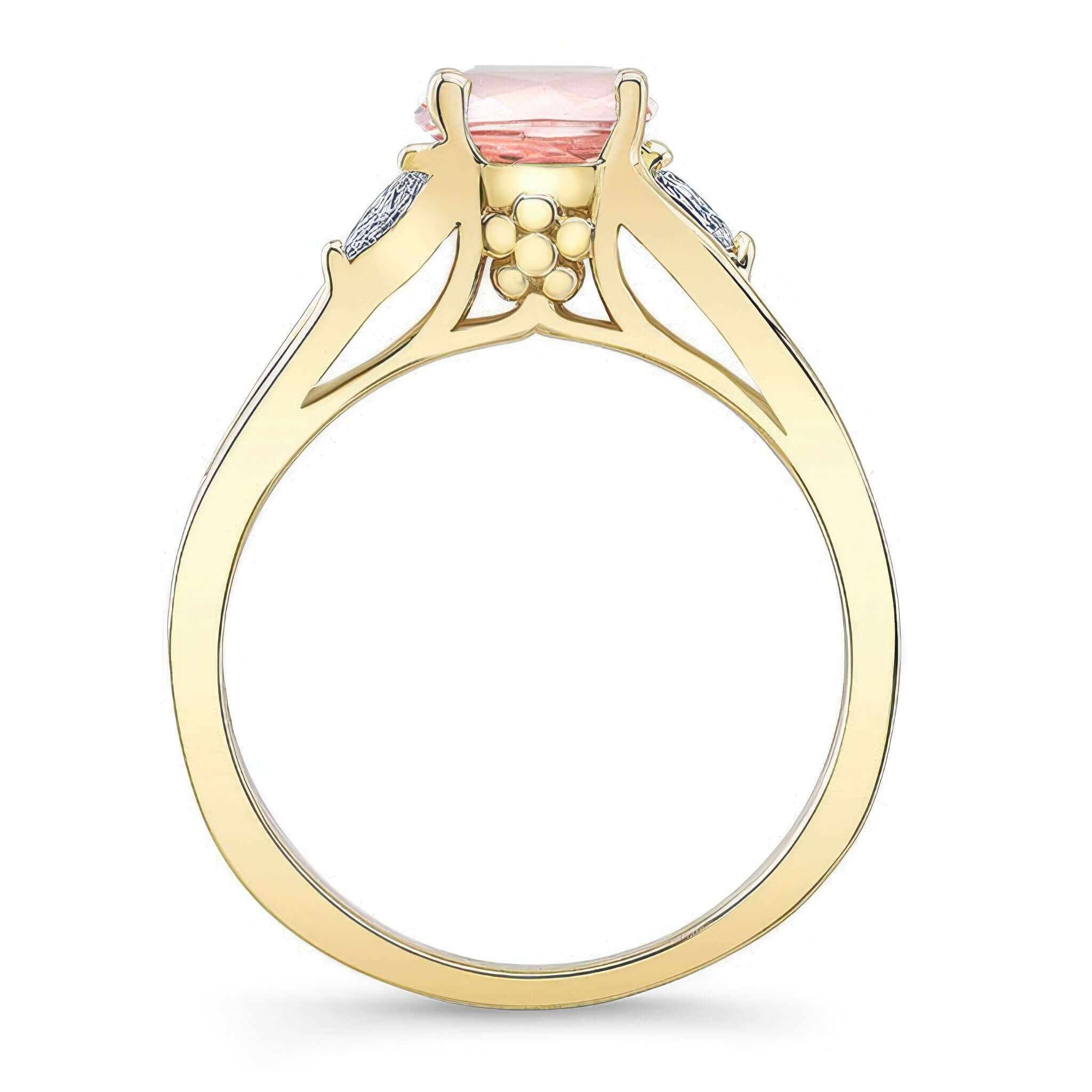 V Shaped Morganite And Diamond Ring showcasing prong set round center and marquise cut diamond accents.