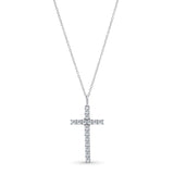 Silver moissanite cross pendant necklace on a white background