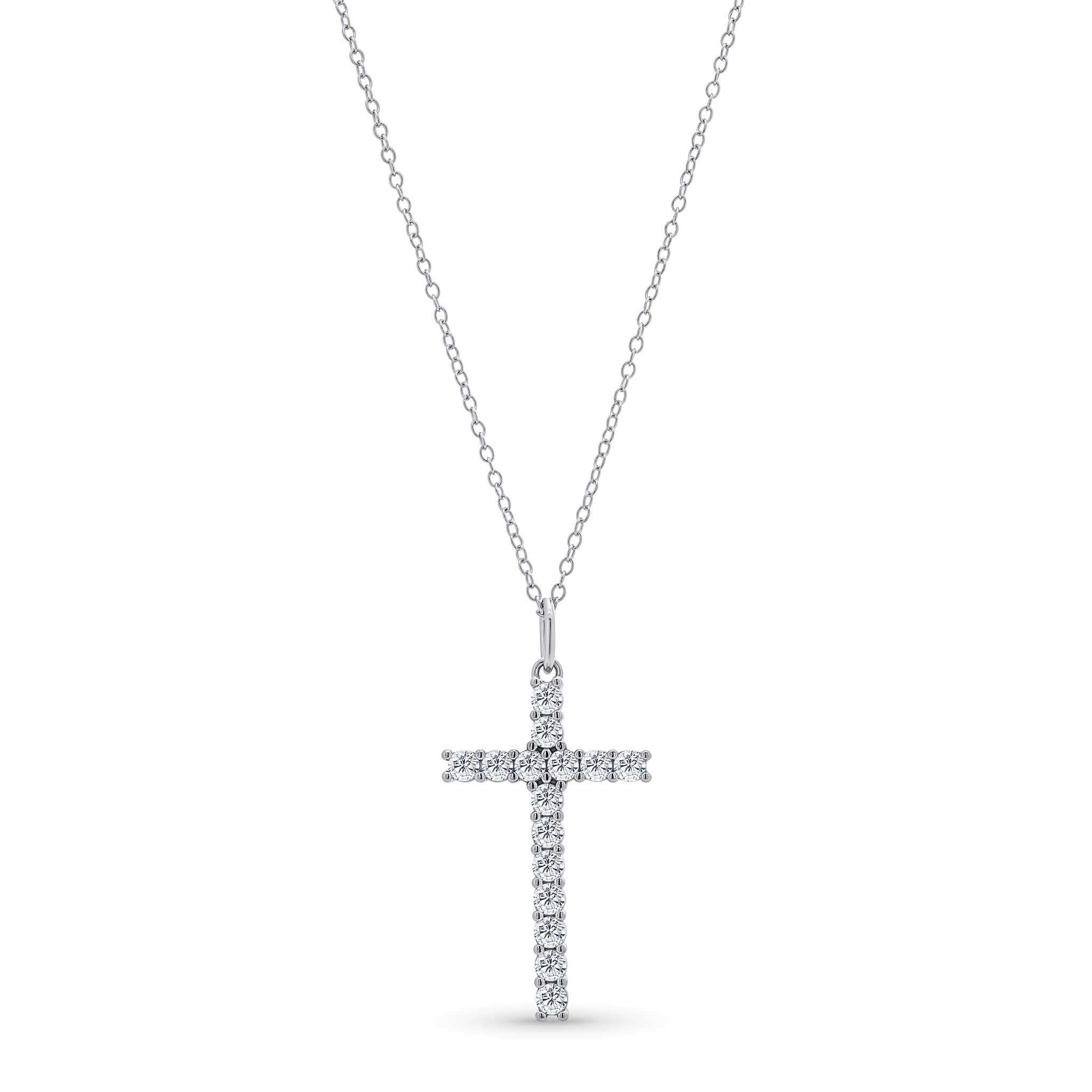 Silver moissanite cross pendant necklace on a white background