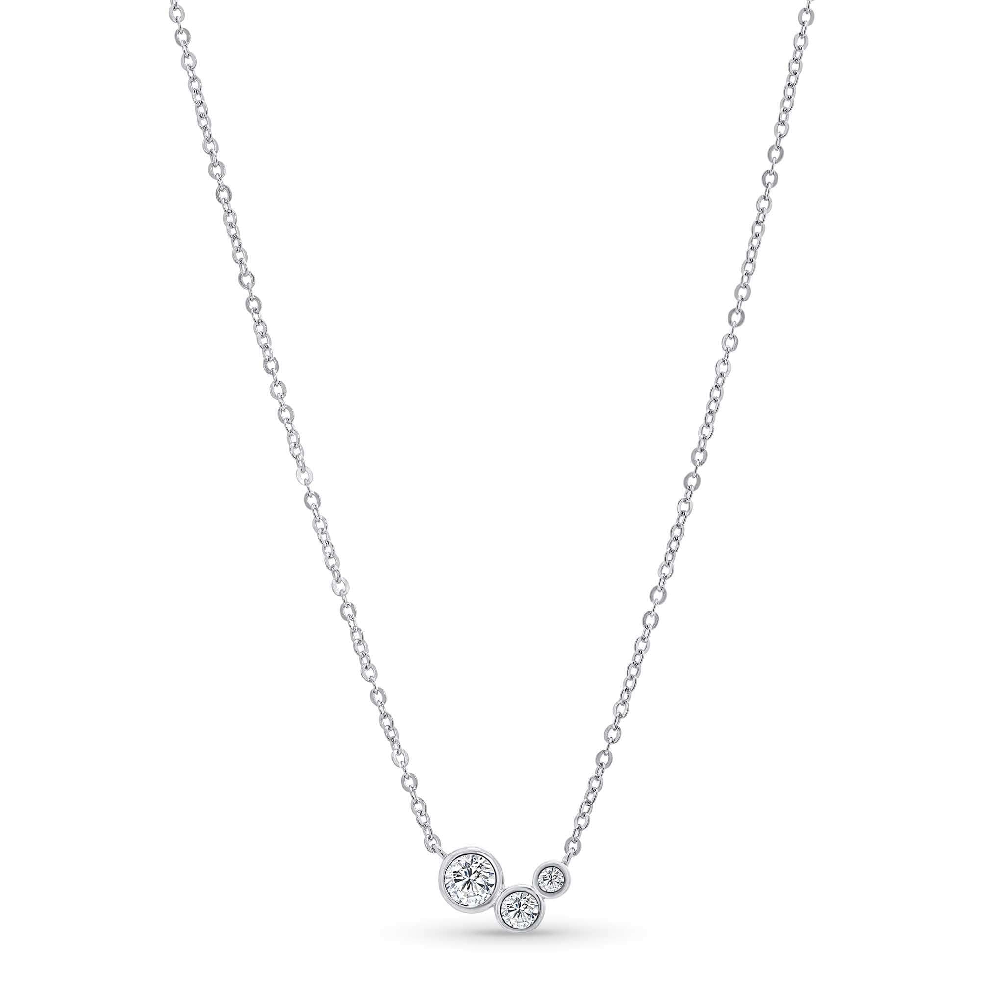 Silver necklace with three round pendants on a white background