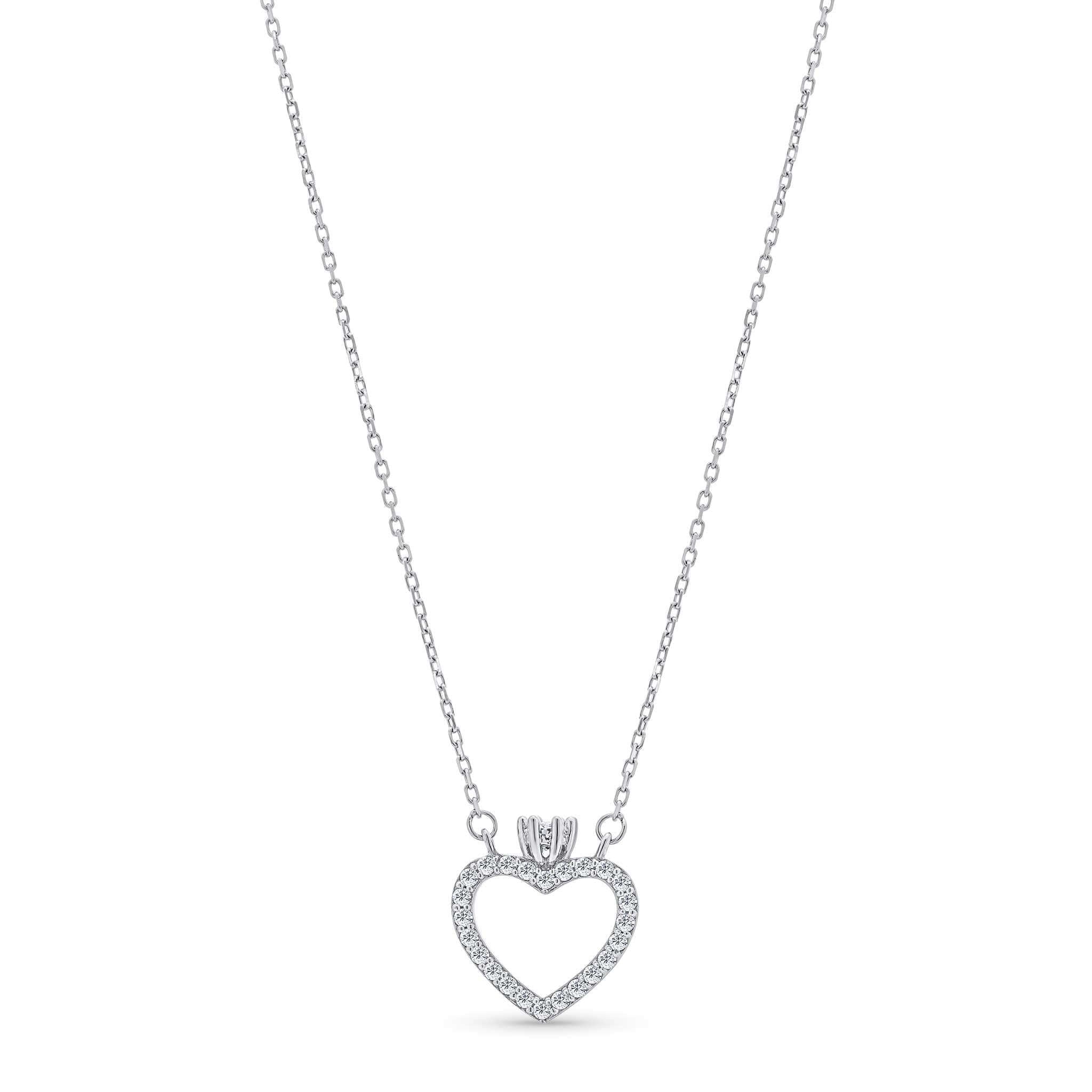 Heart-shaped diamond pendant on a chain against a white background