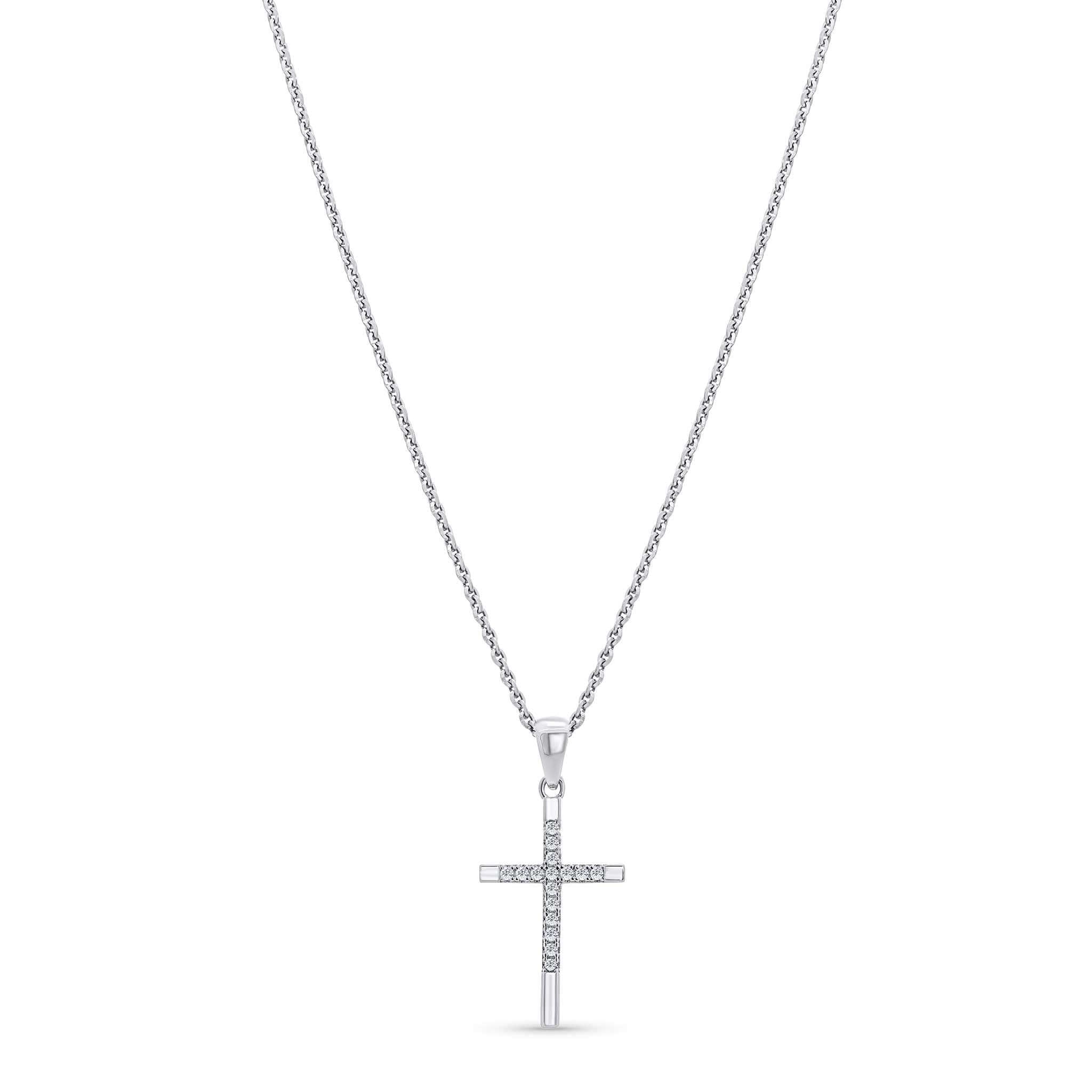Elegant Cross Moissanite Silver Pendant Necklace showcasing 16 moissanites in a polished silver design.