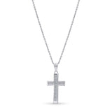 Silver cross moissanite pendant necklace on a white background