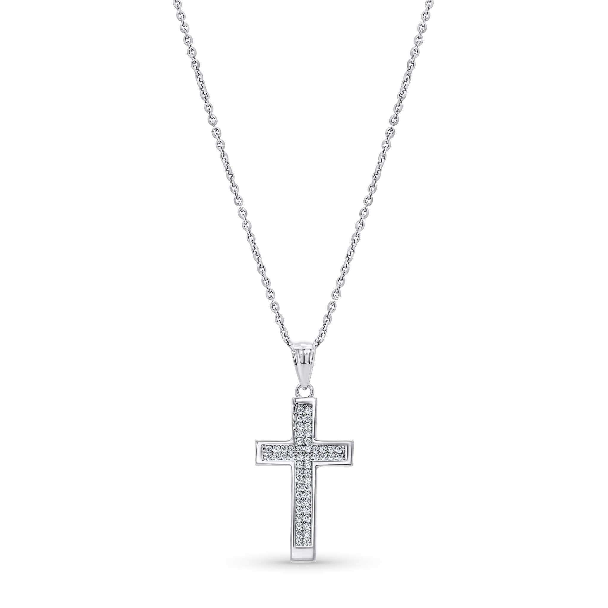Silver cross moissanite pendant necklace on a white background