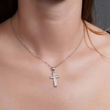 Double Row Cross Moissanite Silver Pendant Necklace worn on a model's neck showcasing its elegant design and sparkling stones.