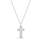 Framed Moissanite Cross Silver Pendant Necklace on a delicate chain with sparkling moissanites.