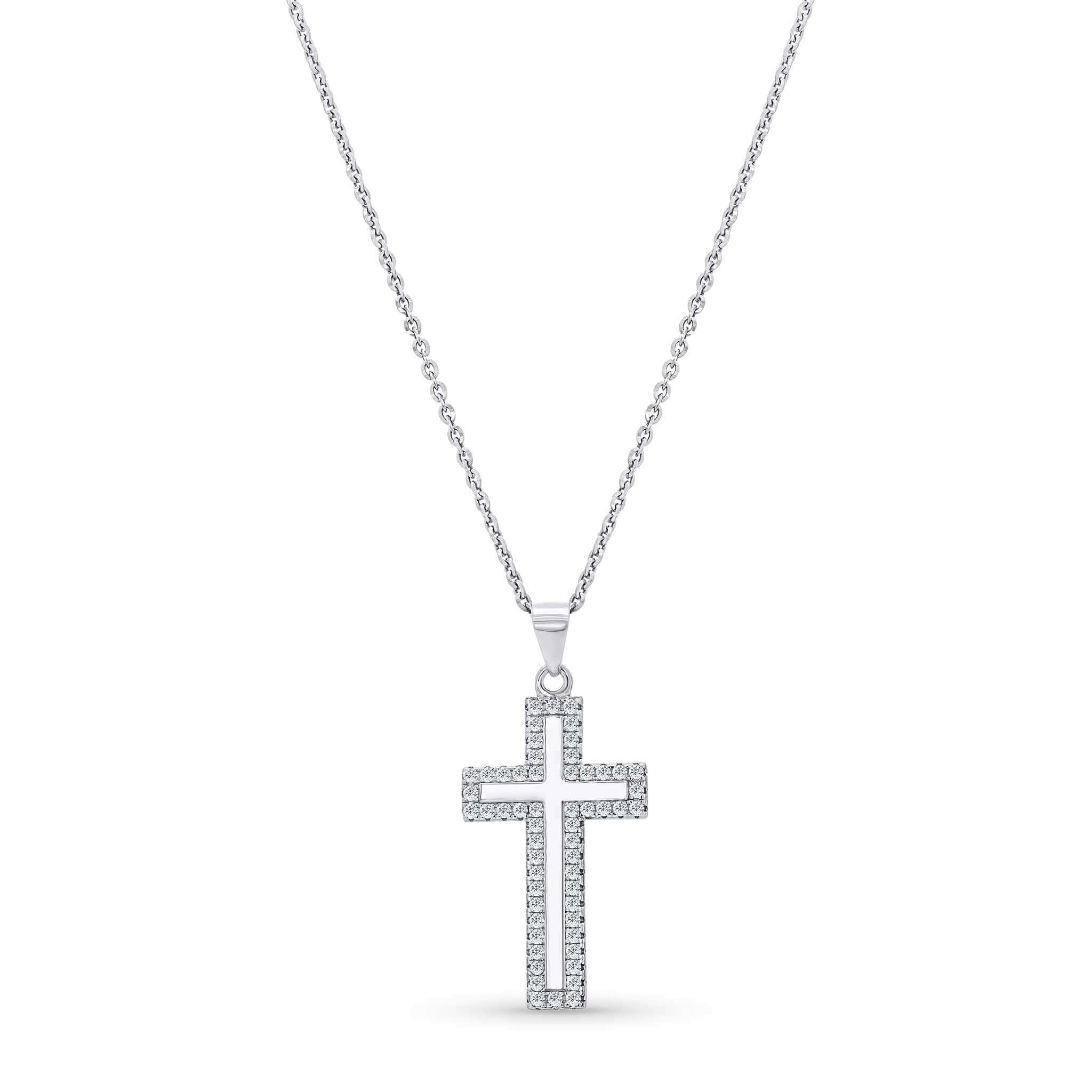Framed Moissanite Cross Silver Pendant Necklace on a delicate chain with sparkling moissanites.