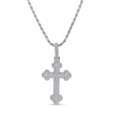Silver Moissanite Budded Pavé Cross Pendant Necklace with intricate pavé design and sterling silver chain.