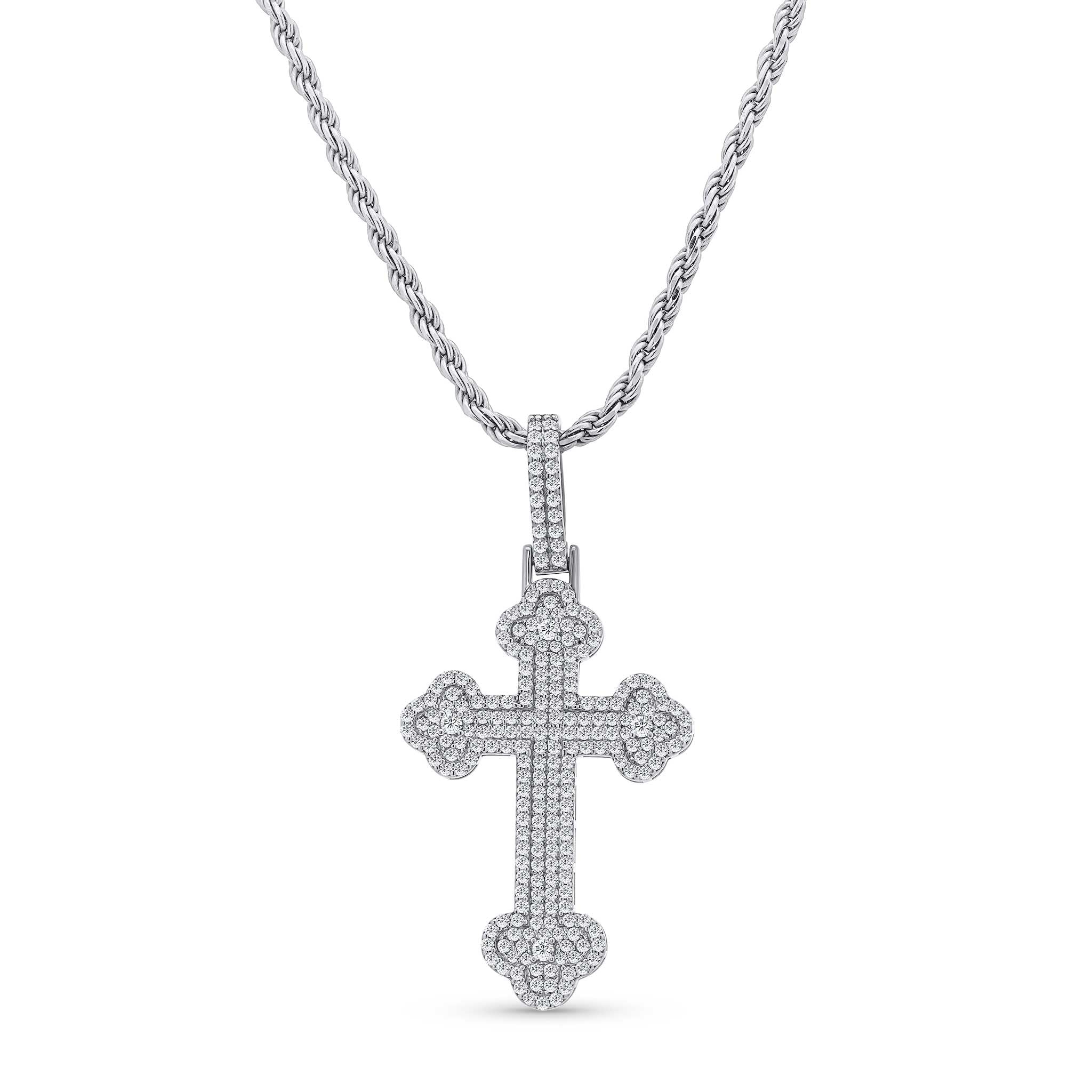 Silver Moissanite Budded Pavé Cross Pendant Necklace with intricate pavé design and sterling silver chain.