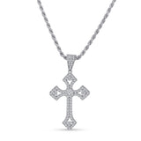 Silver Moissanite Flared Cross Pendant Necklace with shimmering pavé detail, displayed on a silver rope chain.