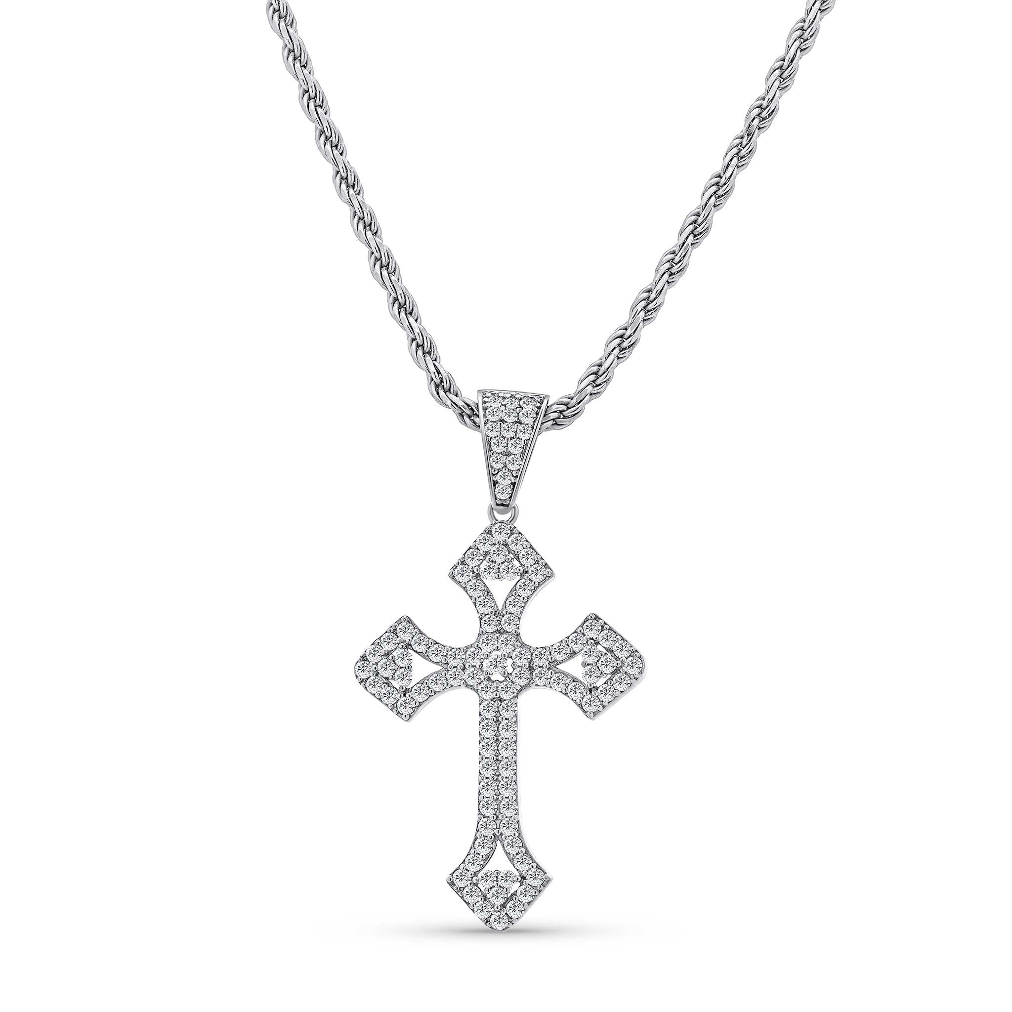 Silver Moissanite Flared Cross Pendant Necklace with shimmering pavé detail, displayed on a silver rope chain.