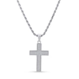 Silver Moissanite Pavé Milgrain Cross Pendant Necklace with a textured silver rope chain.
