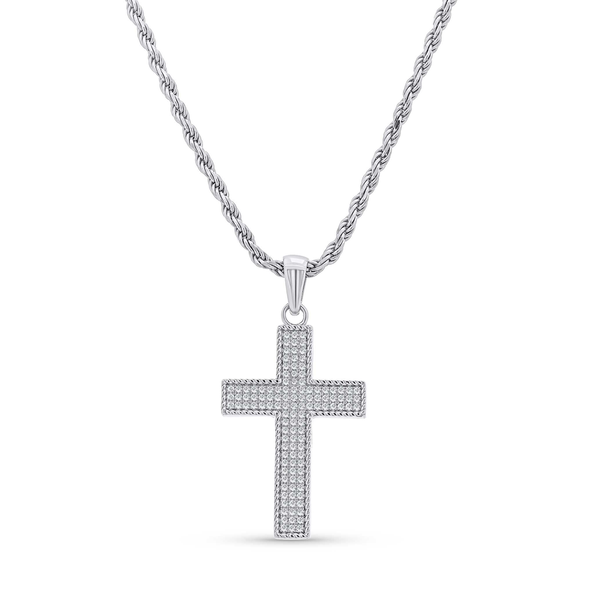 Silver Moissanite Pavé Milgrain Cross Pendant Necklace with a textured silver rope chain.