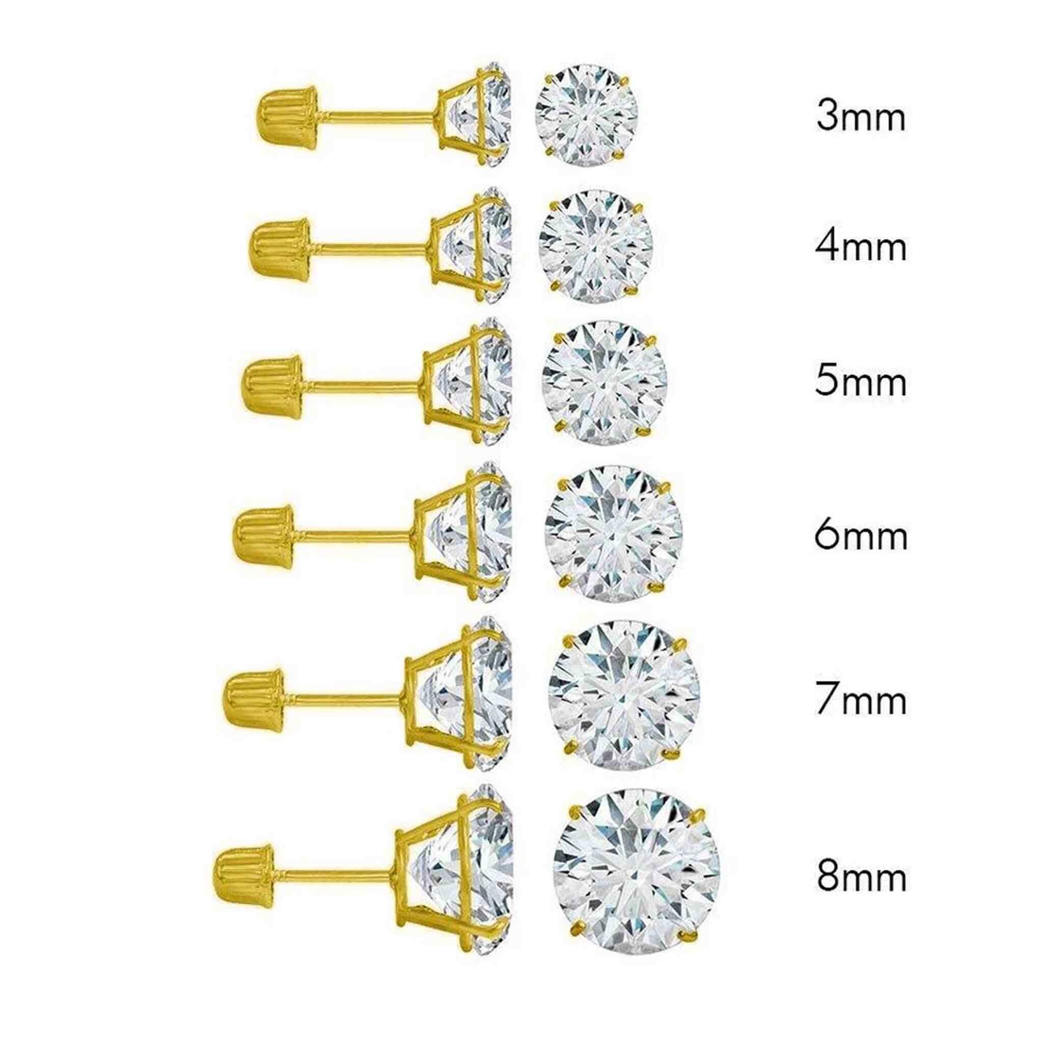 A size comparison chart for round-cut clear gemstone stud earrings in yellow gold settings, showing earrings and enlarged front views for sizes 3mm through 8mm on a white background with black text labels.