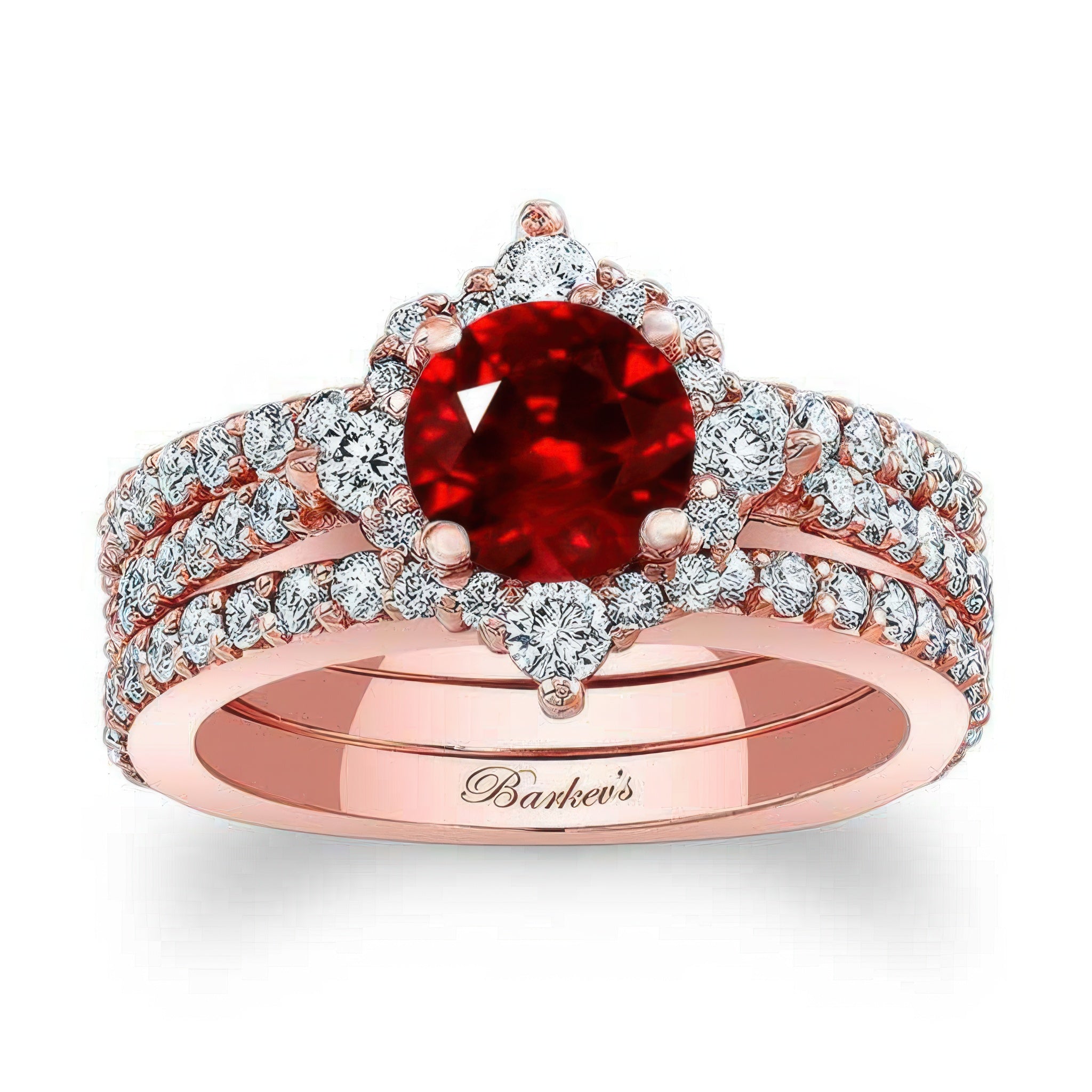 Classic Halo Ruby And Diamond Bridal Set With 2 Bands