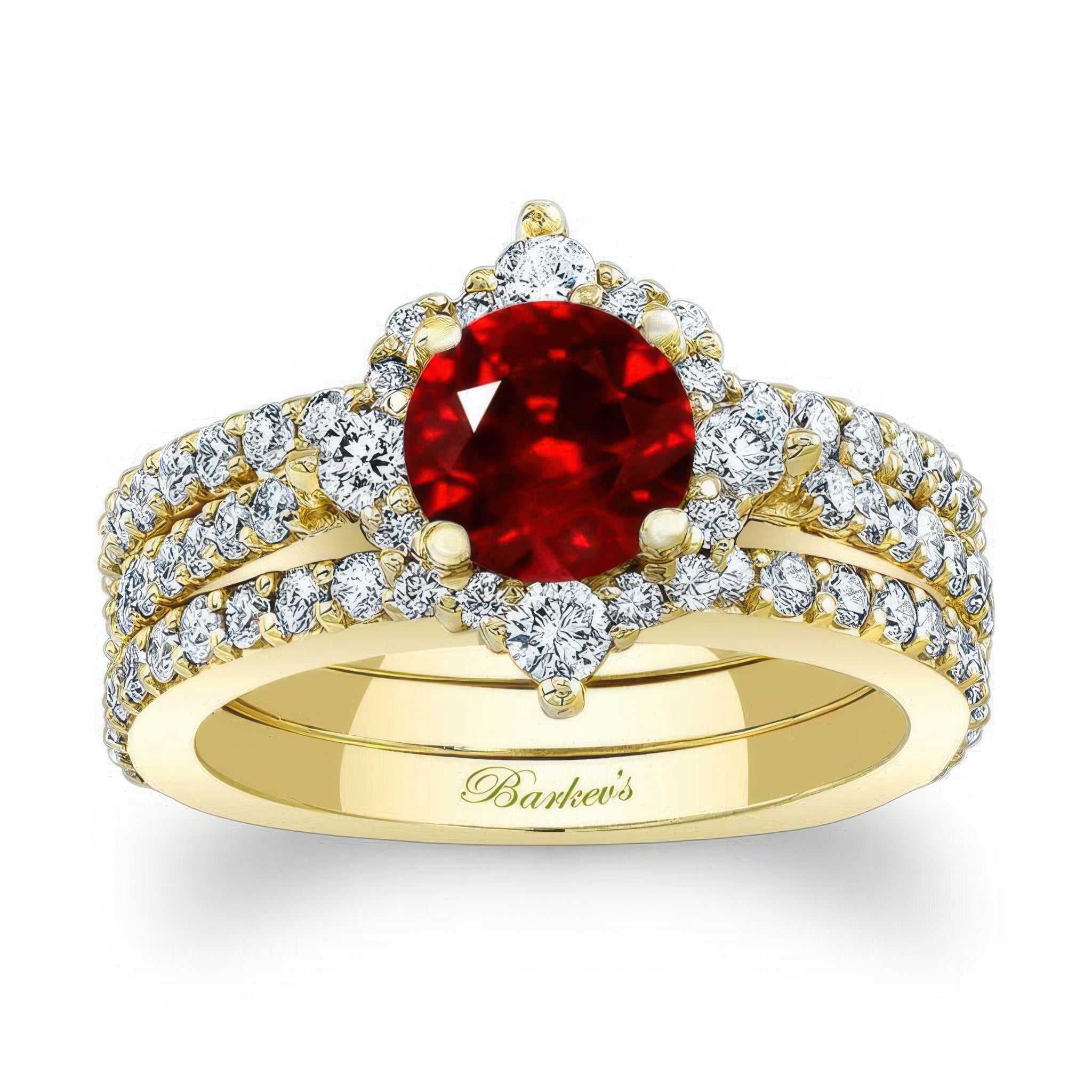 Classic Halo Ruby And Diamond Bridal Set With 2 Bands