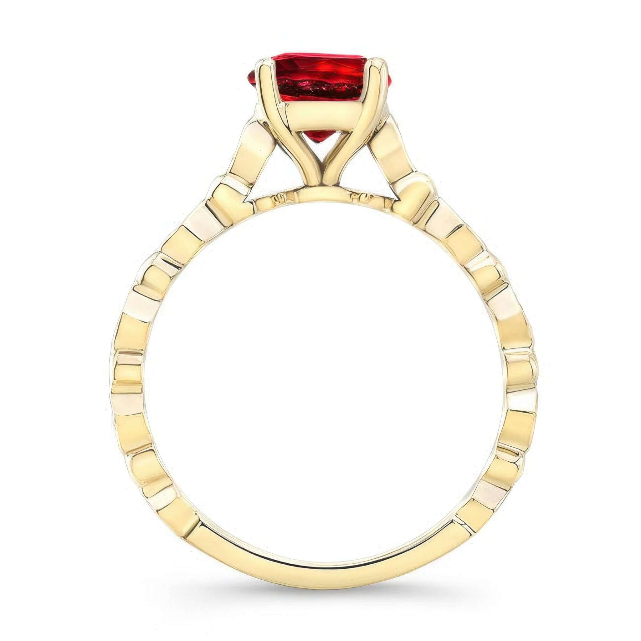 Art Deco Lab Grown Ruby And Diamond Engagement Ring with a stunning red ruby at the center and elegant band design.
