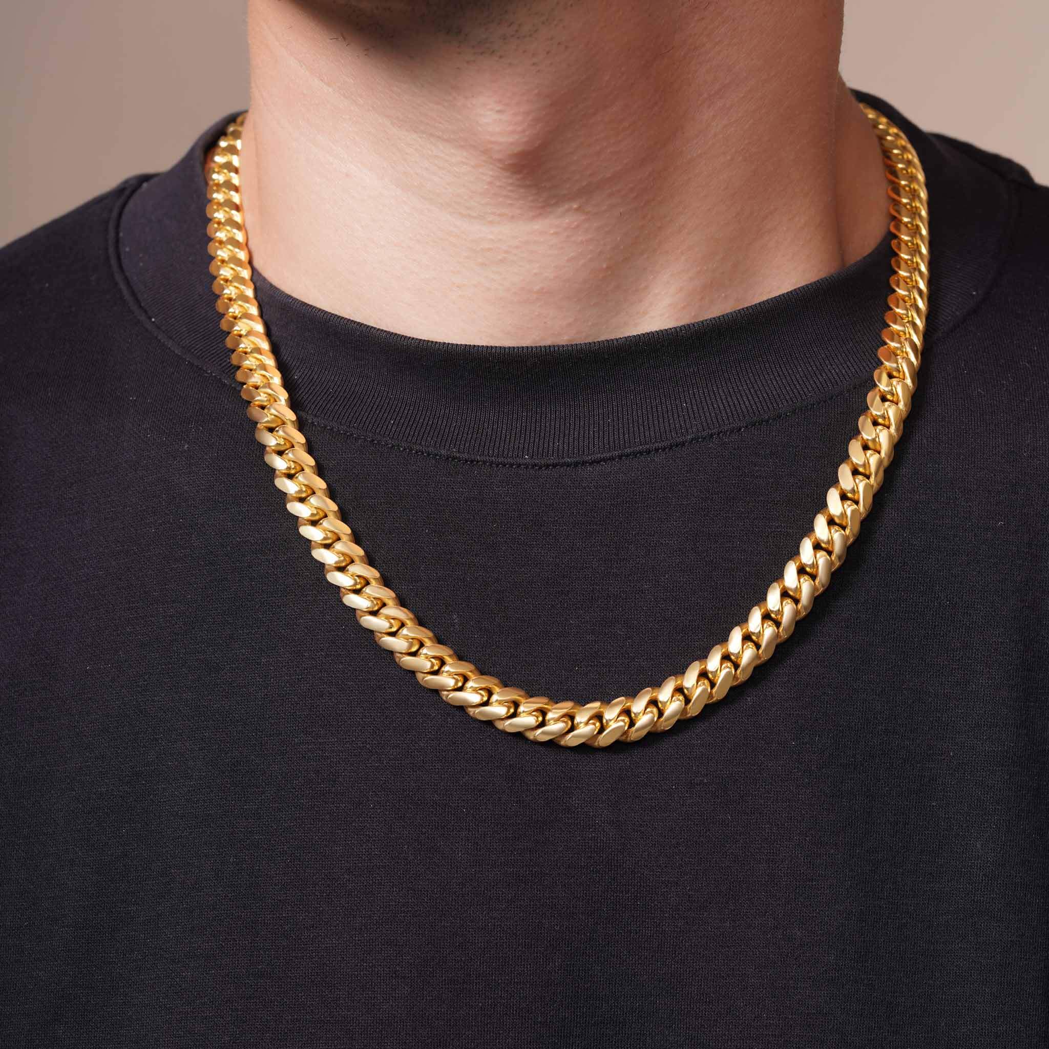 Men's Vermeil Miami Cuban Chain displayed on a model, showcasing its luxurious design and golden finish.
