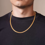 Men's Vermeil Miami Cuban Chain worn by a model, showcasing its luxurious 18k gold vermeil and classic Cuban link design.