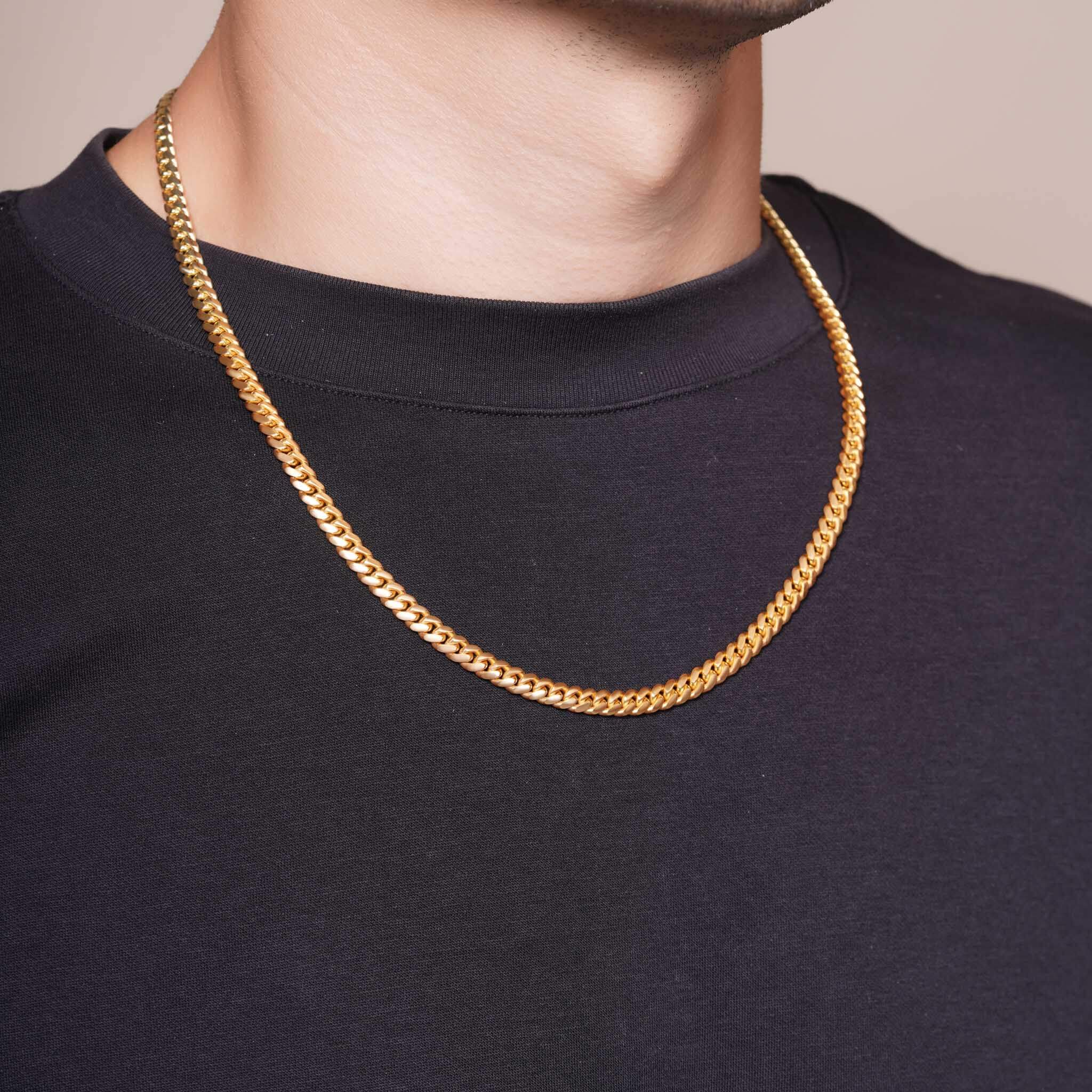 Men's Vermeil Miami Cuban Chain displayed on a model, showcasing its luxurious 18k gold vermeil craftsmanship.