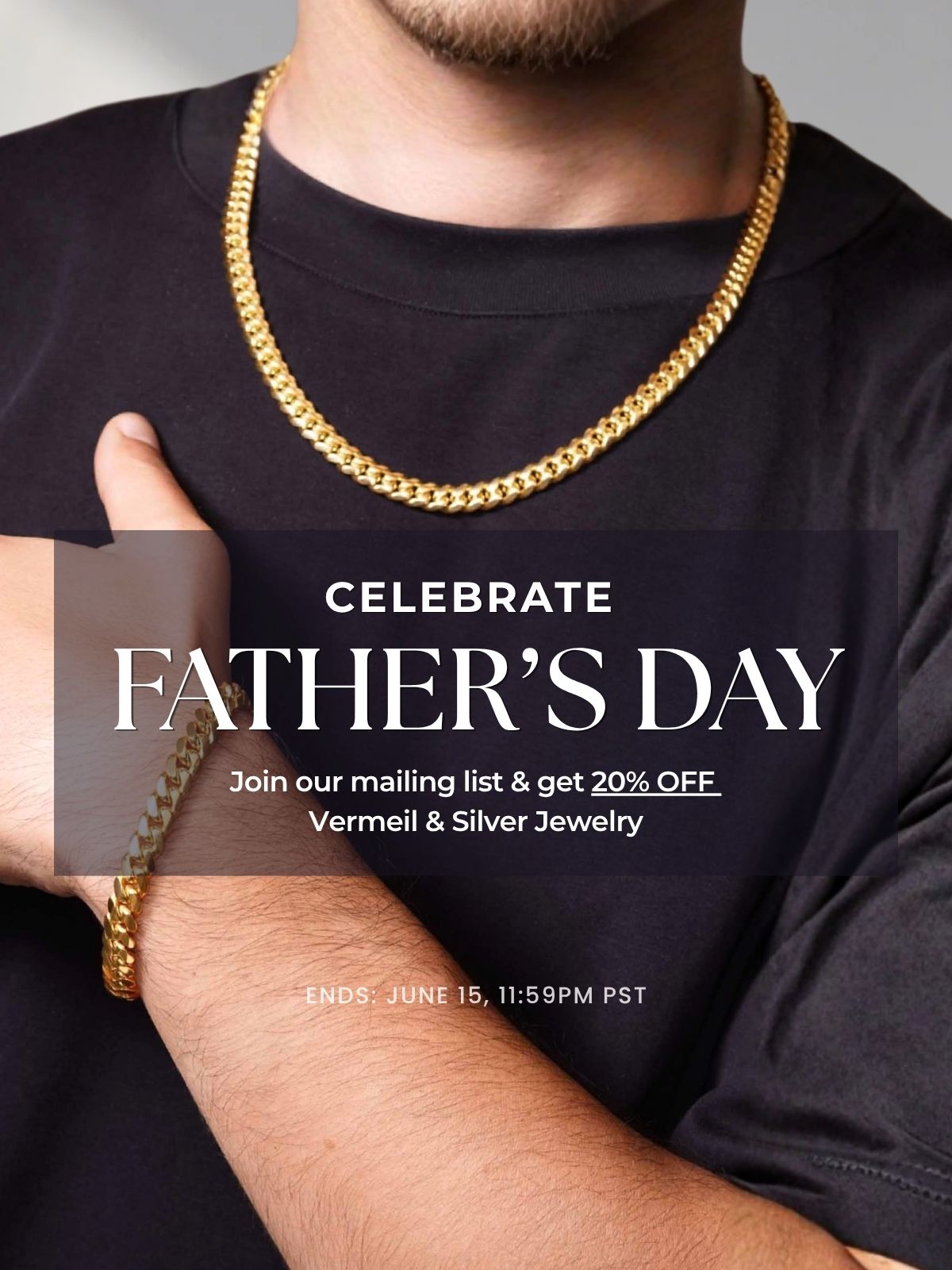 Promotional banner for Father's Day with a man wearing gold chains, text about a 20% sale on vermeil & silver chains.