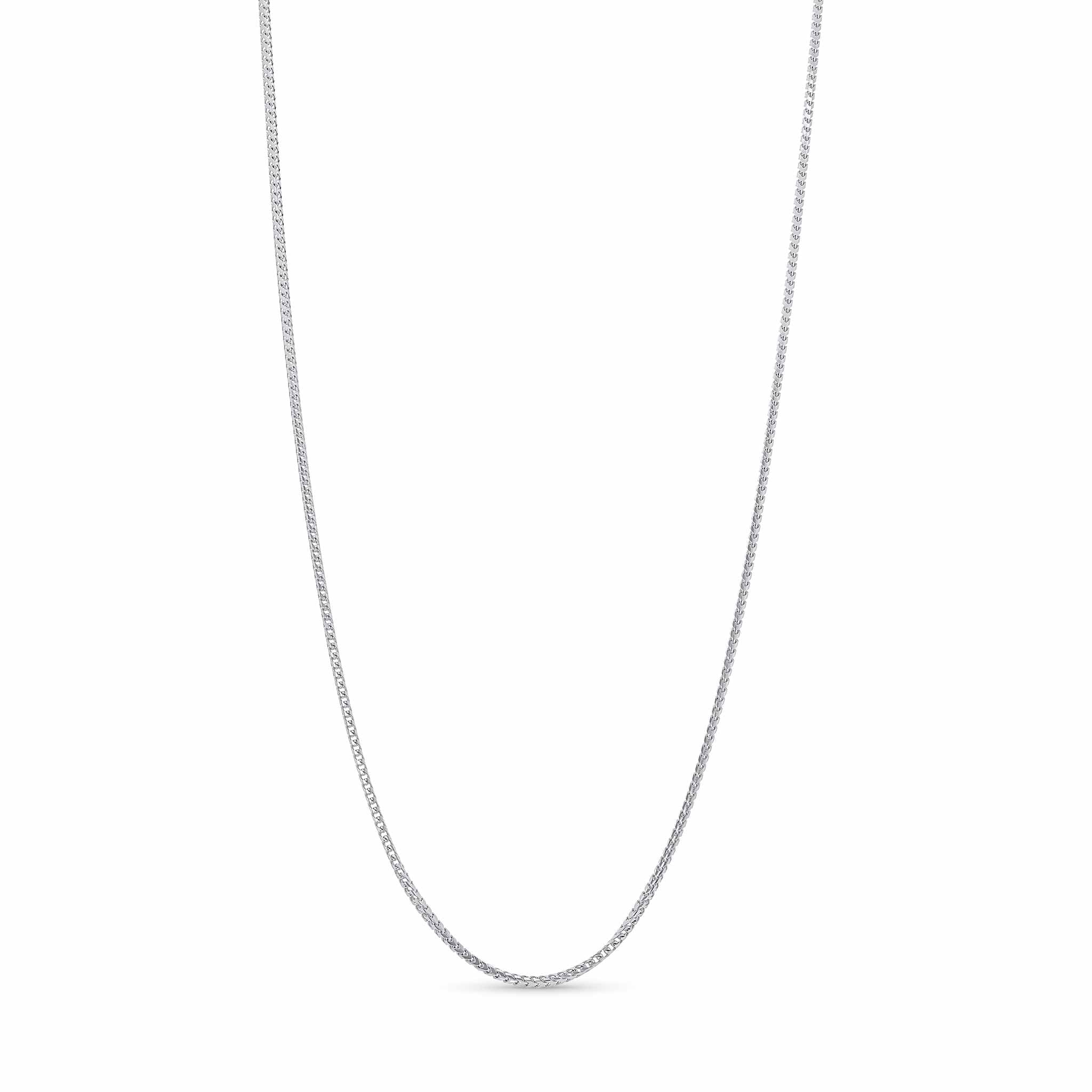 Franco Silver Chain showing elegant, polished silver finish and distinctive interlocking square links.