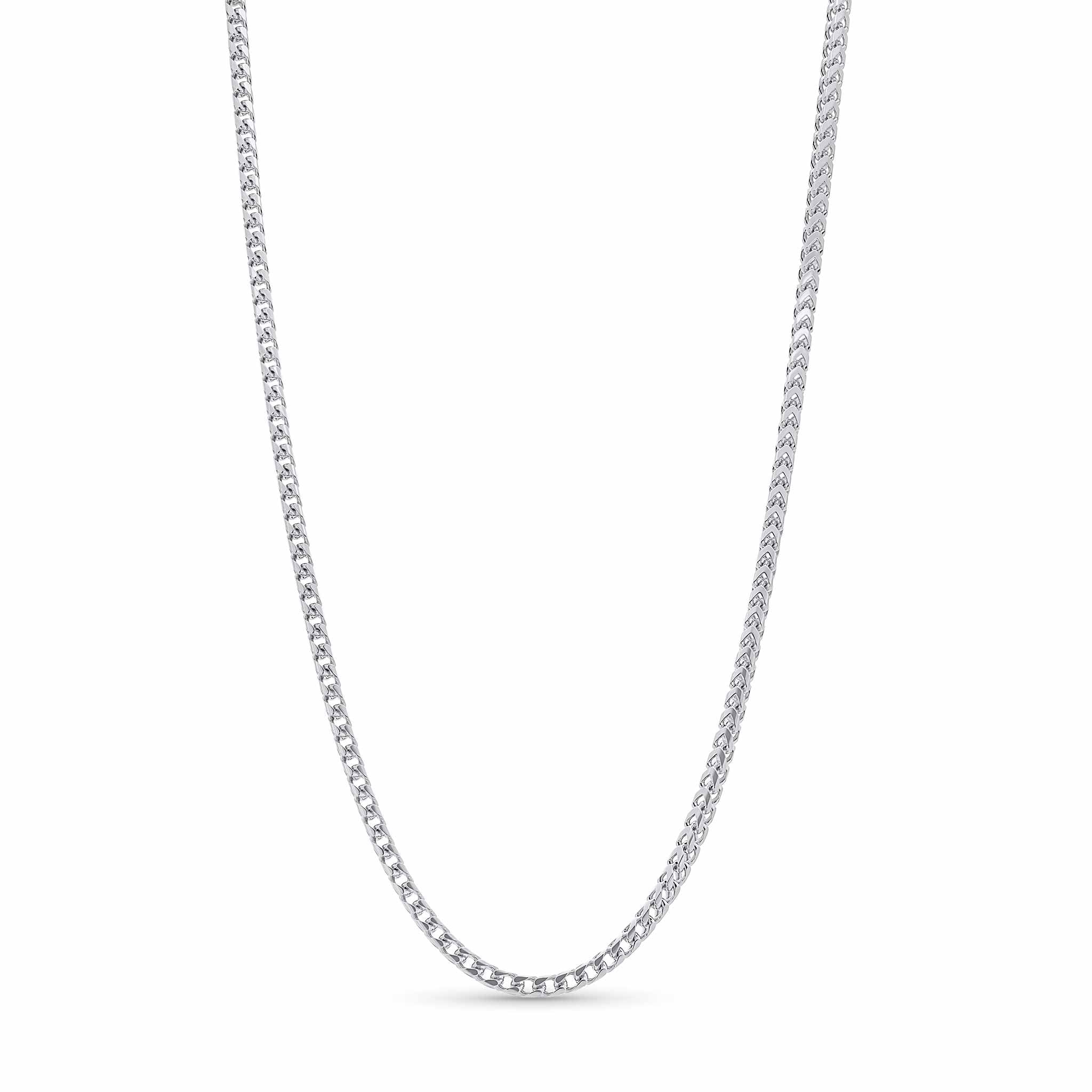 Franco Silver Chain featuring interlocking square links with a polished silver finish for elegant sophistication.