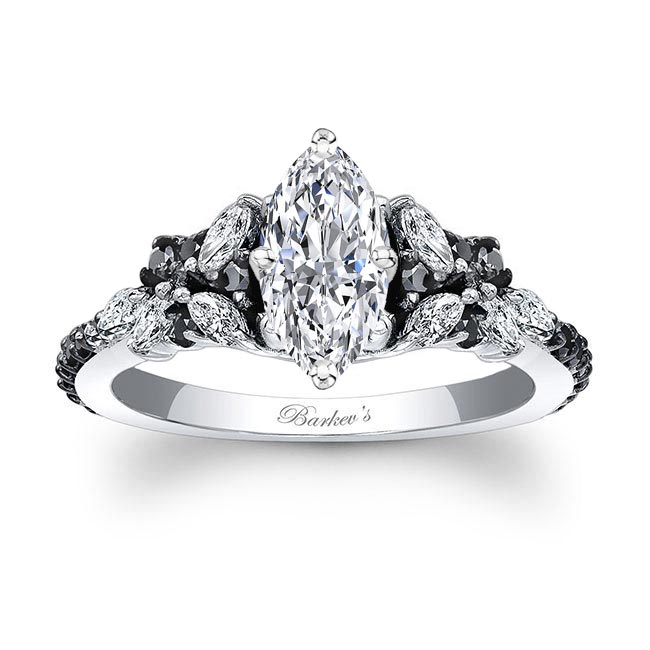 White Gold Marquise Vintage Moissanite Ring With Black Diamonds