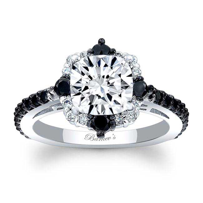 Cushion Cut Moissanite Halo Black And White Diamond Ring