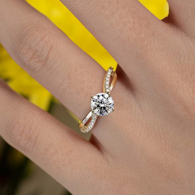 Criss cross Diamond Ring Round Colorless Moissanite Engagement Ring Solid  Yellow Gold Twisted Diamond Ring Unique X Minimalist Ring 