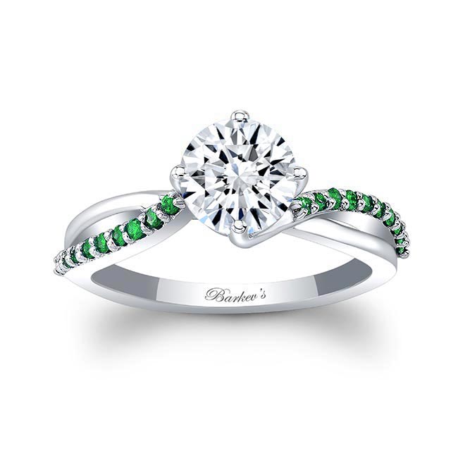 White Gold Twisted Emerald Accent Engagement Ring