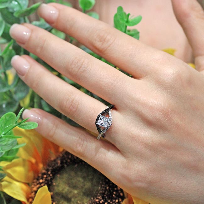 White Gold Criss Cross Princess Cut Moissanite Black Diamond Accent Ring Image 4