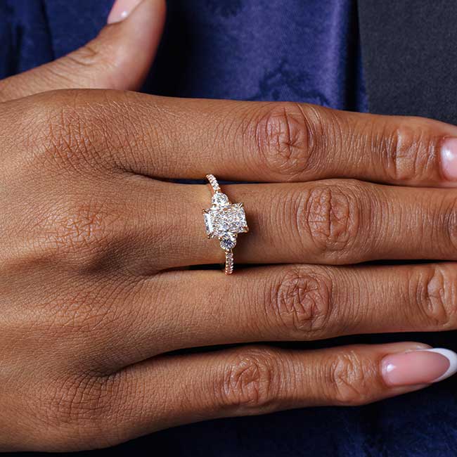 Rose Gold Moissanite 3 Stone Radiant Cut Engagement Ring Image 4