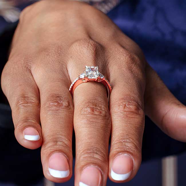 Rose Gold Moissanite 3 Stone Radiant Cut Engagement Ring Image 6