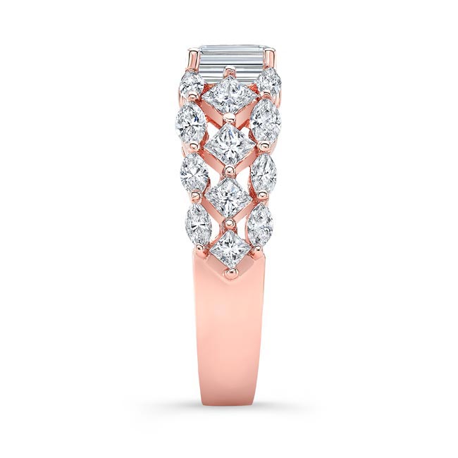 Rose Gold Three Row Diamond Emerald Cut Moissanite Ring Image 3