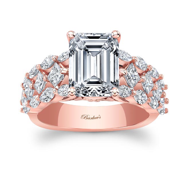 Rose Gold Three Row Diamond Emerald Cut Moissanite Ring