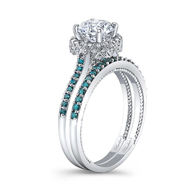 Round Halo Lab Diamond Wedding Set With Blue Diamond Accents Image 2