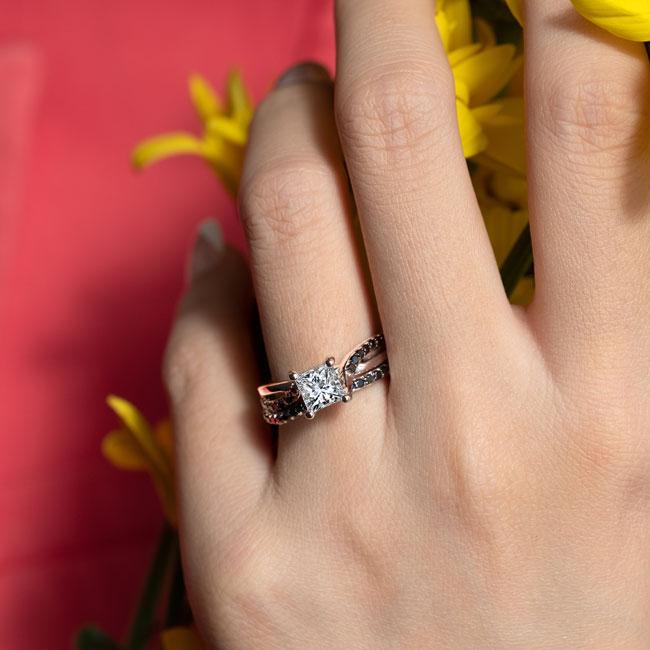 White Gold Princess Cut Lab Diamond Ring Set With Black Diamond Accents Image 3