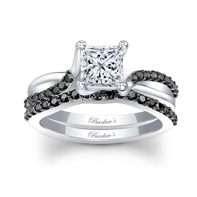 White Gold Princess Cut Lab Diamond Ring Set With Black Diamond Accents