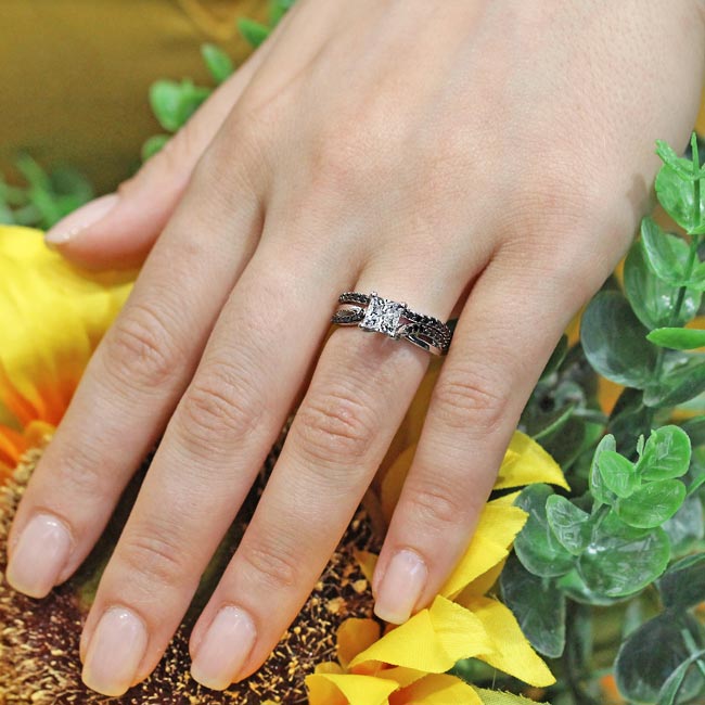 White Gold Princess Cut Lab Diamond Ring Set With Black Diamond Accents Image 4
