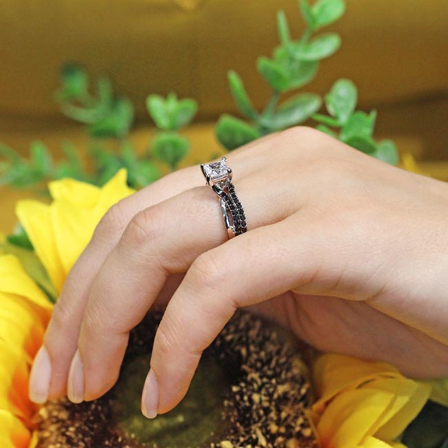 White Gold Princess Cut Lab Diamond Ring Set With Black Diamond Accents Image 5