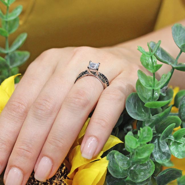 White Gold Princess Cut Lab Diamond Ring Set With Black Diamond Accents Image 6