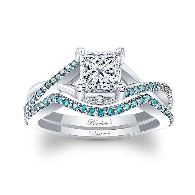 One Carat Princess Cut Moissanite Blue Diamond Accent Bridal Set